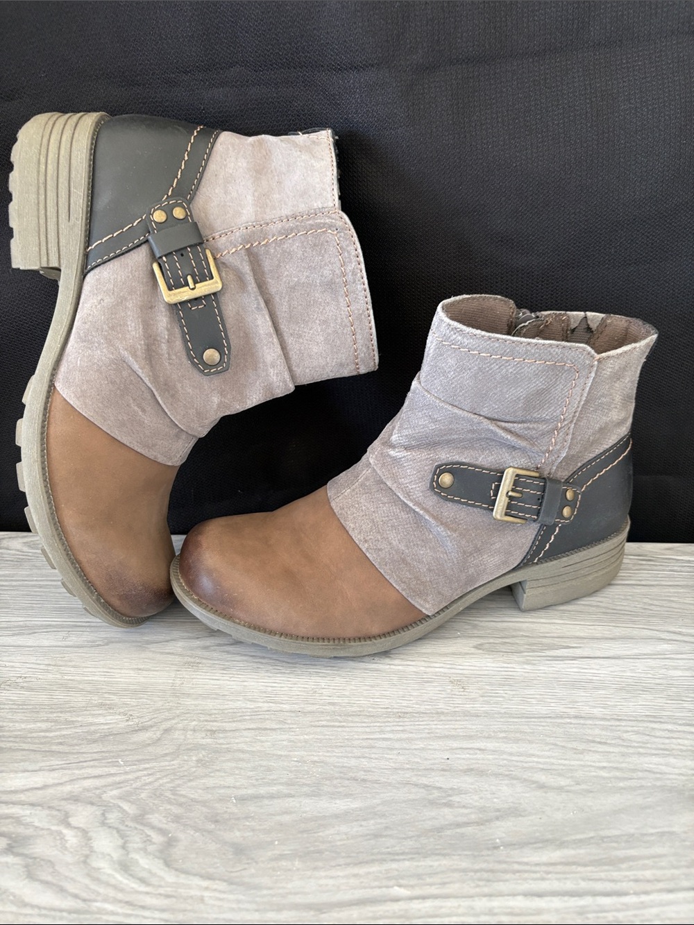 Earth Origins Brown & Taupe Suede Leather Buckle Ankle Boots